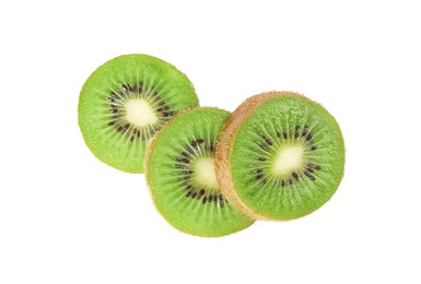 Slices of fresh kiwi on white background, top view