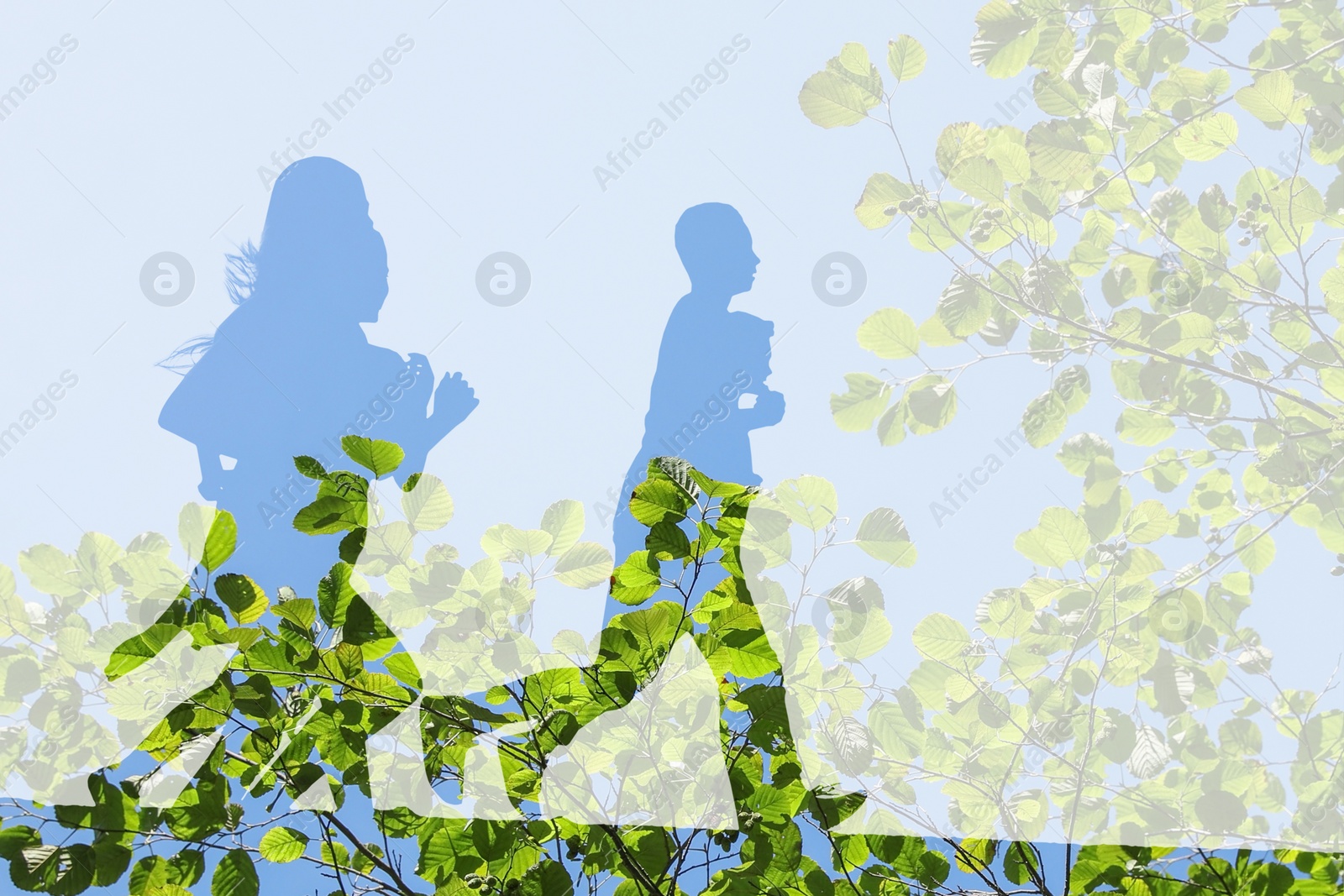 Image of Double exposure of running children, sky and tree outdoors