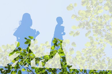 Image of Double exposure of running children, sky and tree outdoors