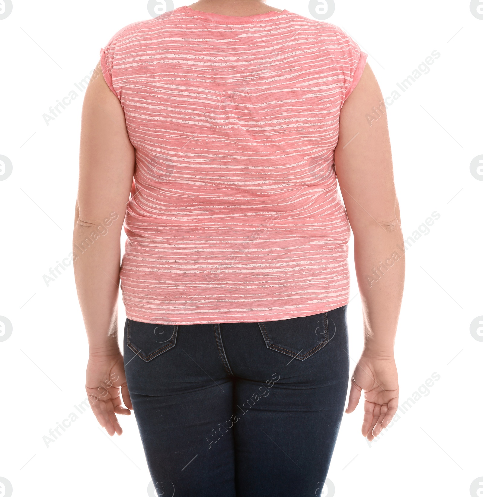 Photo of Overweight woman on white background, closeup. Weight loss