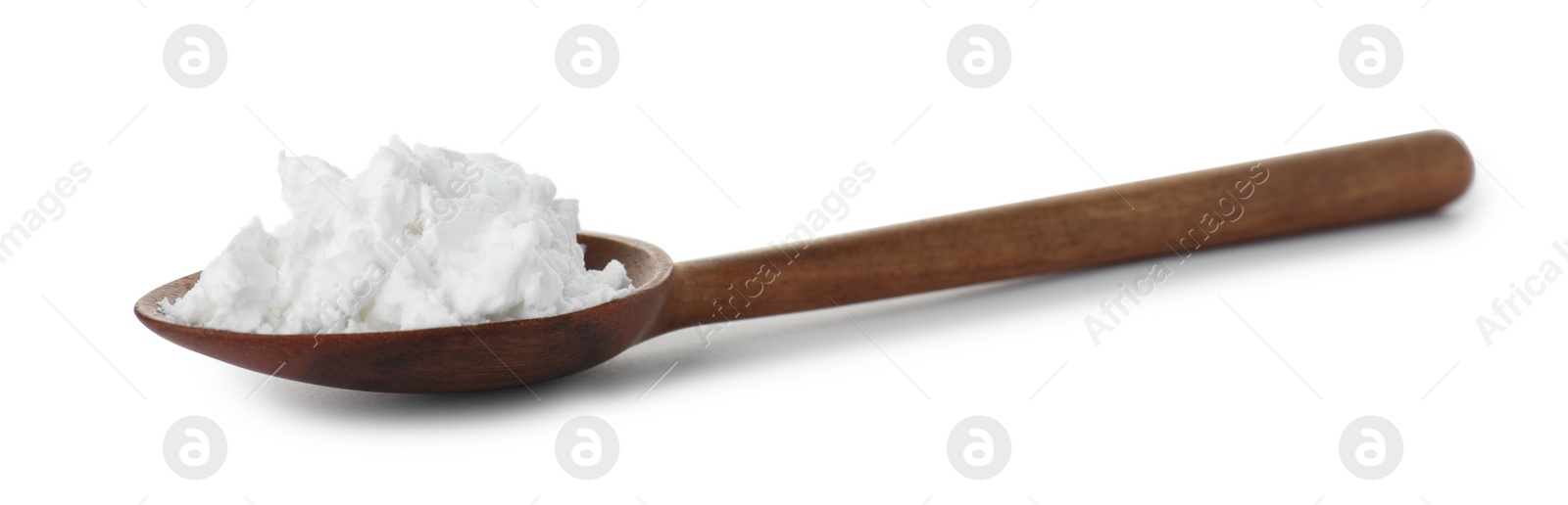 Photo of Spoon with corn starch on white background