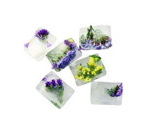 Ice cubes with flowers on white background