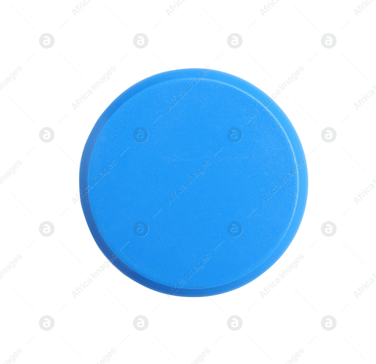 Photo of Bright blue plastic magnet on white background, top view