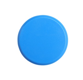 Photo of Bright blue plastic magnet on white background, top view