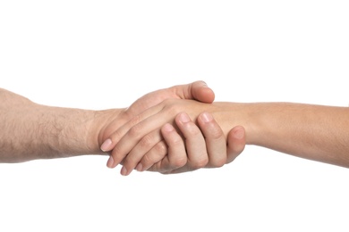 Photo of Man and woman holding hands on white background. Concept of support and help