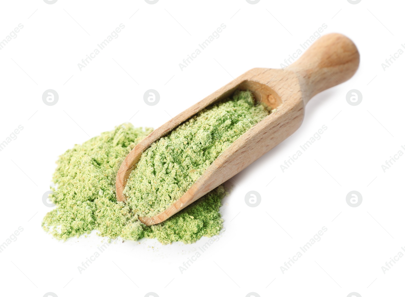 Photo of Scoop of hemp protein powder isolated on white