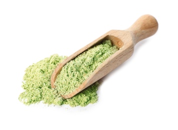 Scoop of hemp protein powder isolated on white
