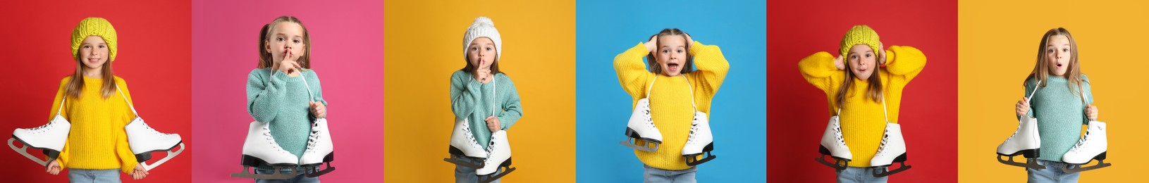 Collage with photos of cute little girl with ice skates on color backgrounds, banner design
