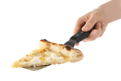 Woman holding slice of tasty cheese pizza on white background, closeup