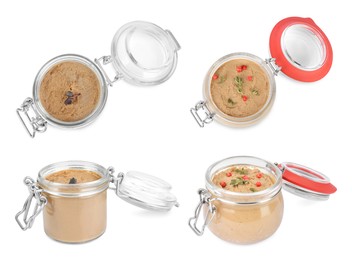 Image of Glass jars with delicious liver pate on white background, collage