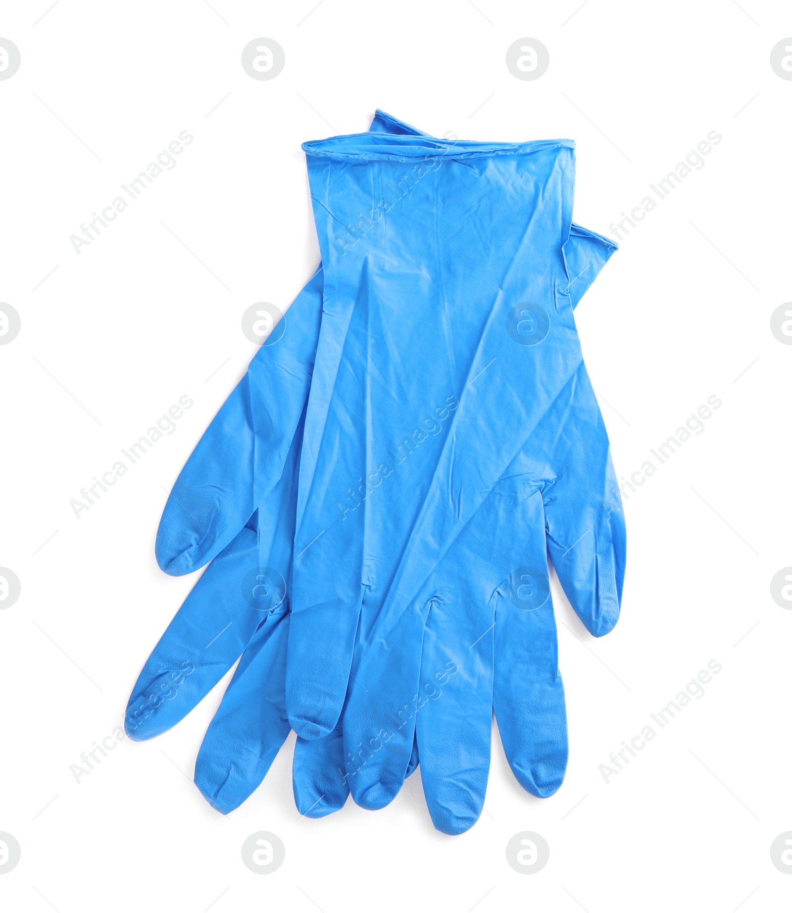 Photo of Pair of medical gloves isolated on white, top view