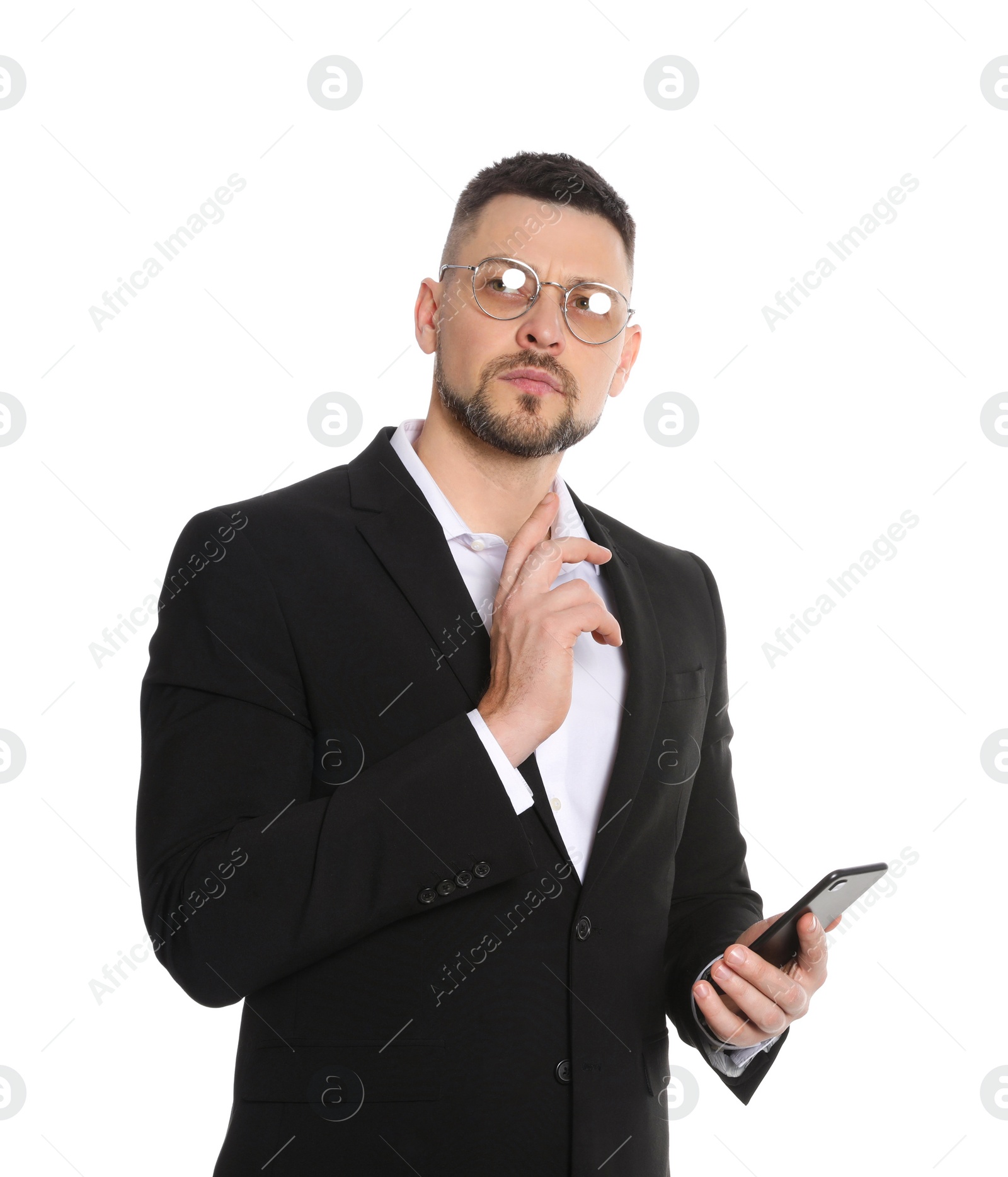 Photo of Businessman in glasses with smartphone on white background