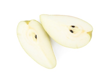 Photo of Slices of ripe juicy pear isolated on white, top view