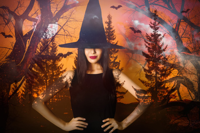 Image of Double exposure of witch and misty forest under full moon on Halloween