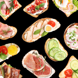 Image of Set of delicious toasted bread with different toppings on black background, top view