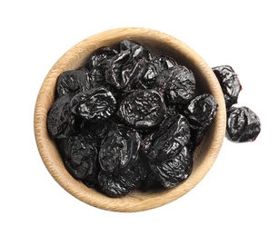 Photo of Bowl of tasty prunes on white background, top view. Dried fruit as healthy snack