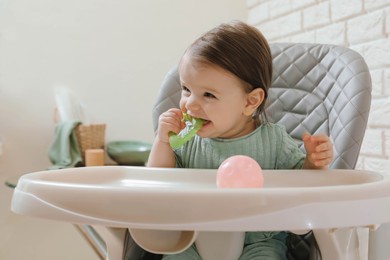 Cute little baby nibbling teether in high chair indoors