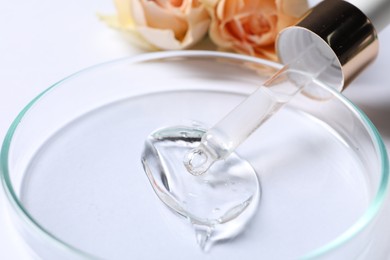 Petri dish with sample of cosmetic serum and pipette on white background, closeup