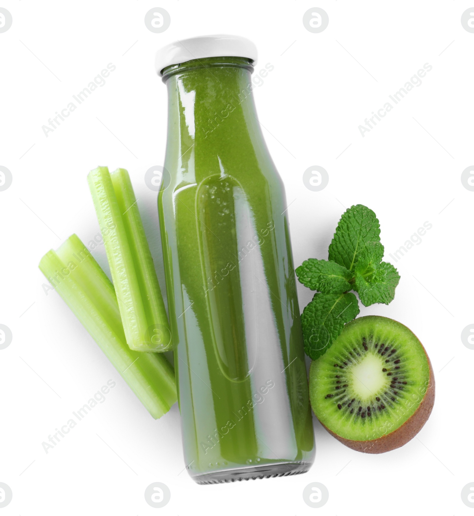 Photo of Fresh celery juice, mint and kiwi on white background, top view