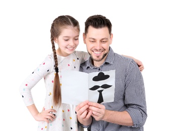 Photo of Little girl greeting her dad with Father's Day on white background