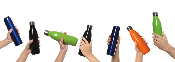 Image of People holding thermos bottles, collage of photos on white background. Banner design 