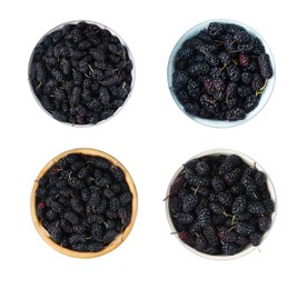 Image of Set with bowls of fresh ripe black mulberries on white background, top view