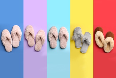 Image of Collage with different soft slippers on color backgrounds, top view