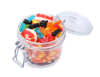 Jar of delicious colorful candies isolated on white. Halloween sweets