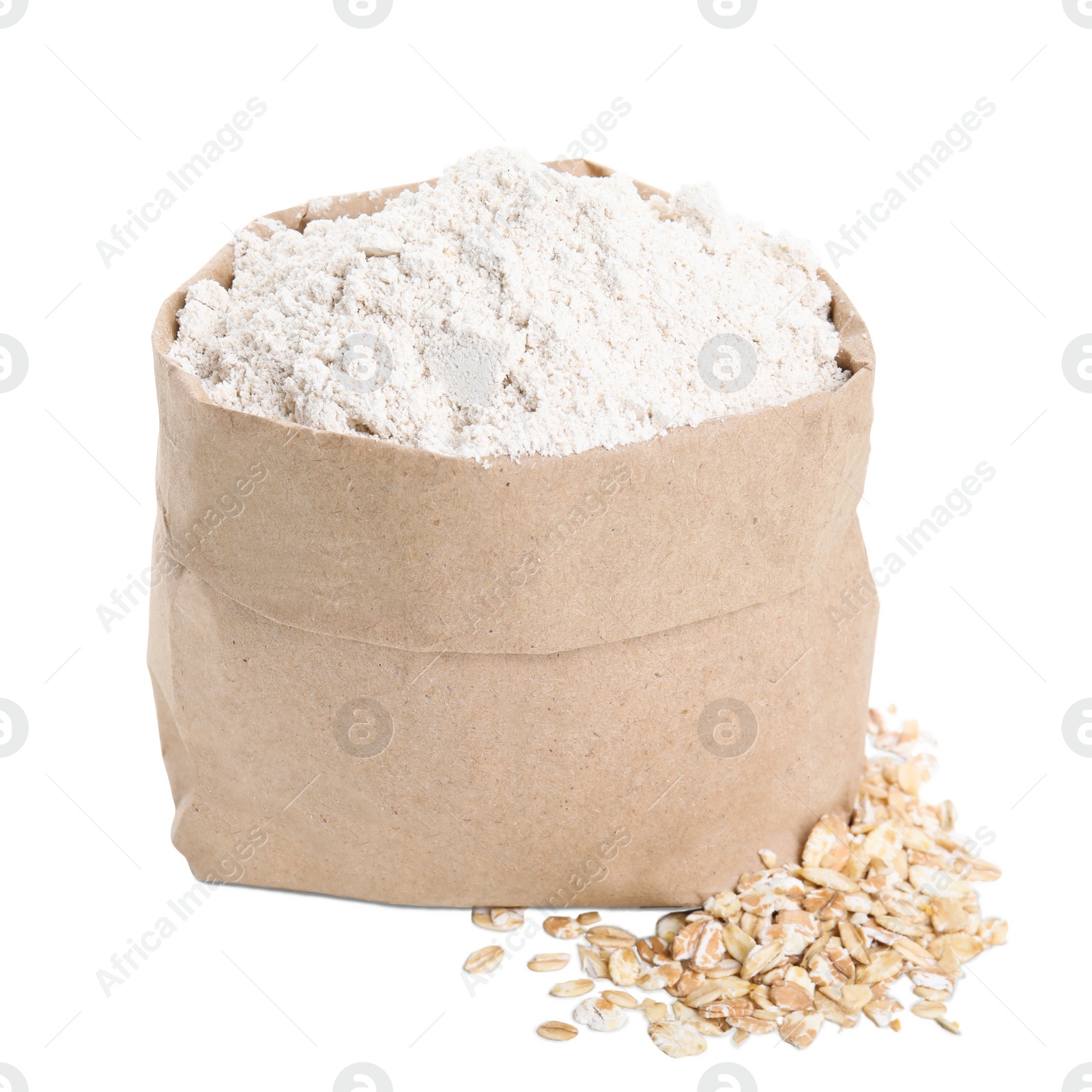 Photo of Paper bag with oatmeal flour and flakes isolated on white