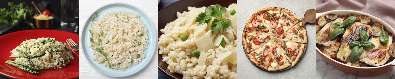 Image of Different tasty Italian dishes. Collage of risotto, lasagna and pizza