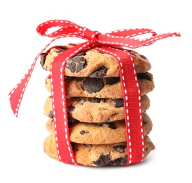 Photo of Stack of cookies with chocolate chips on white background