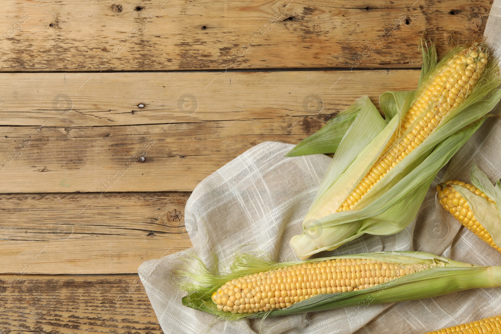 Photo of Corn cobs on wooden table, flat lay. Space for text