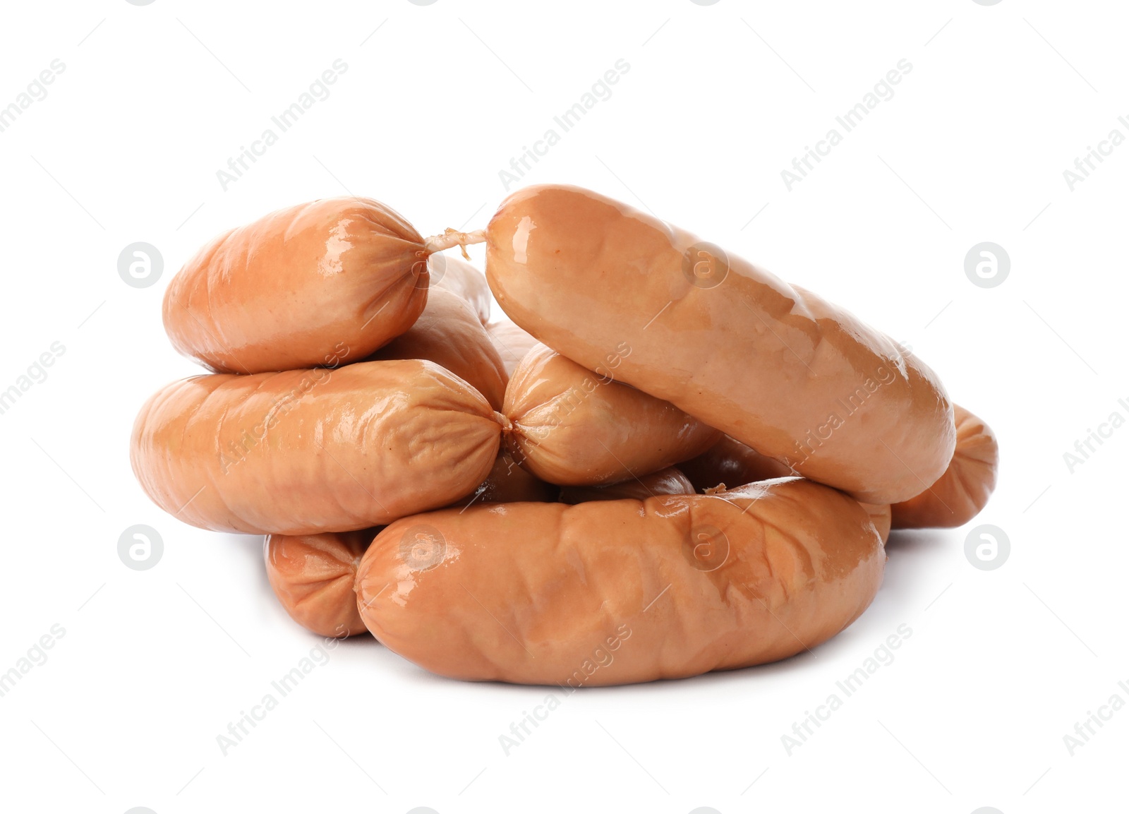 Photo of Tasty sausages on white background. Meat product