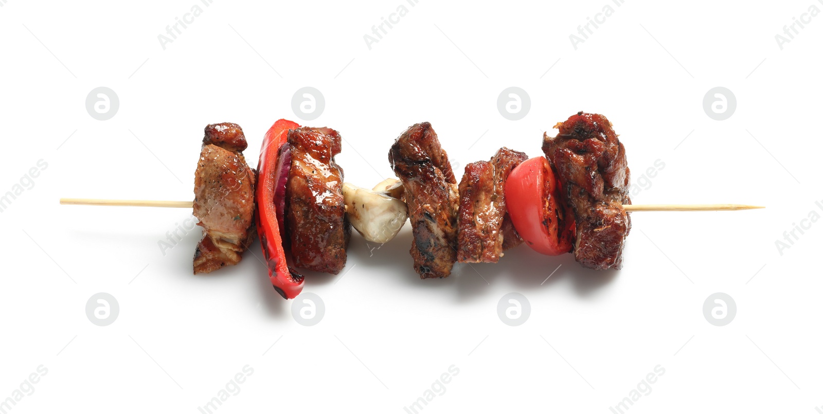 Photo of Delicious shish kebab with vegetables isolated on white, top view