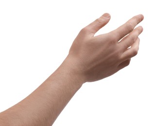 Photo of Man holding something in hand on white background, closeup