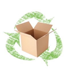 Cardboard box and recycling symbol on white background