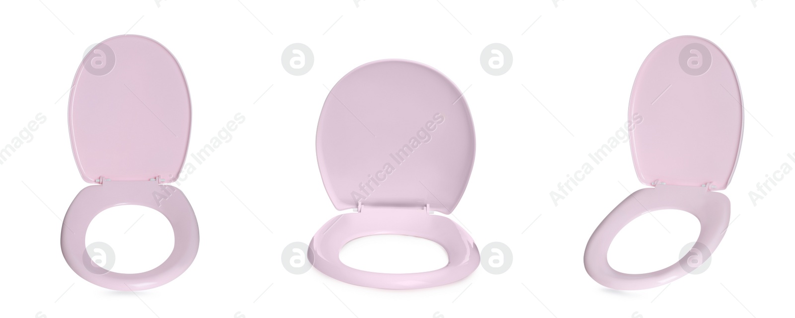 Image of Set with pink plastic toilet seats on white background. Banner design