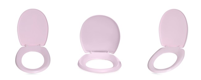 Set with pink plastic toilet seats on white background. Banner design