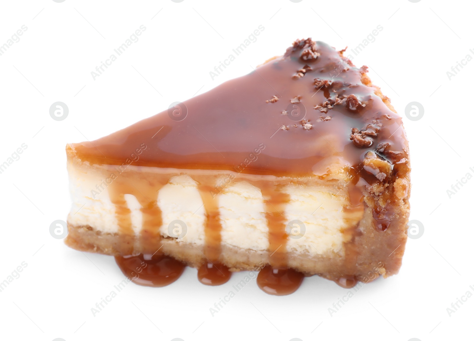 Photo of Piece of delicious cake with caramel isolated on white