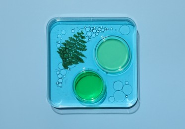 Photo of Laboratory glassware with samples on light blue background, top view. Making cosmetic product