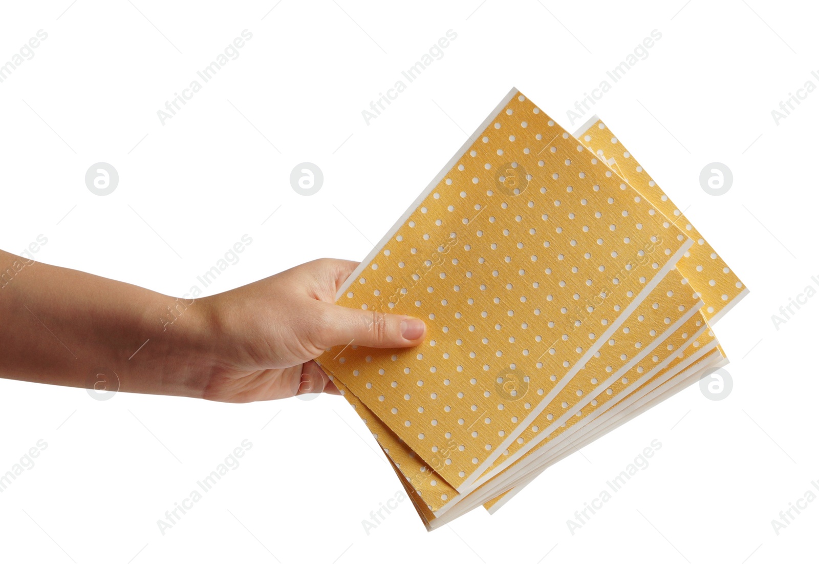 Photo of Woman holding pepper plasters on white background, closeup