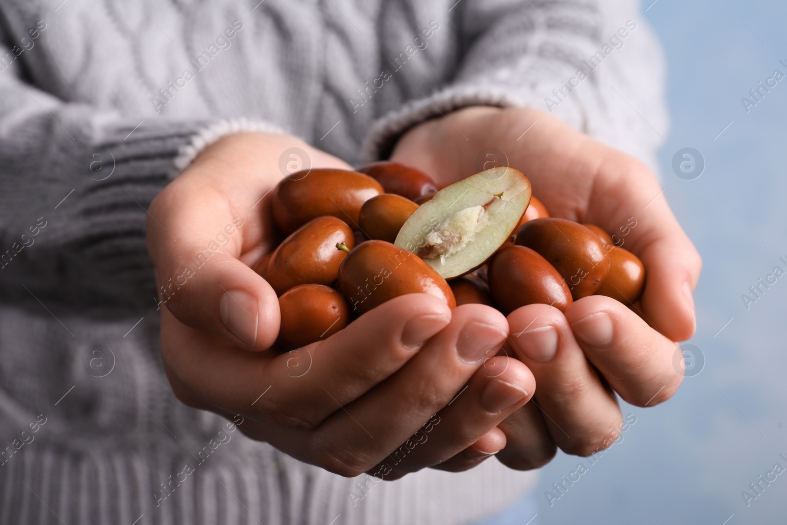 Photo of Woman with handful of fresh Ziziphus jujuba fruits on light background, closeup