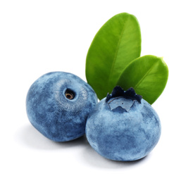 Fresh ripe blueberries with leaves on white background