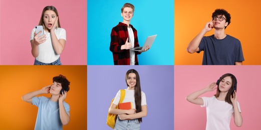 Photos of teenagers on different color backgrounds, collage