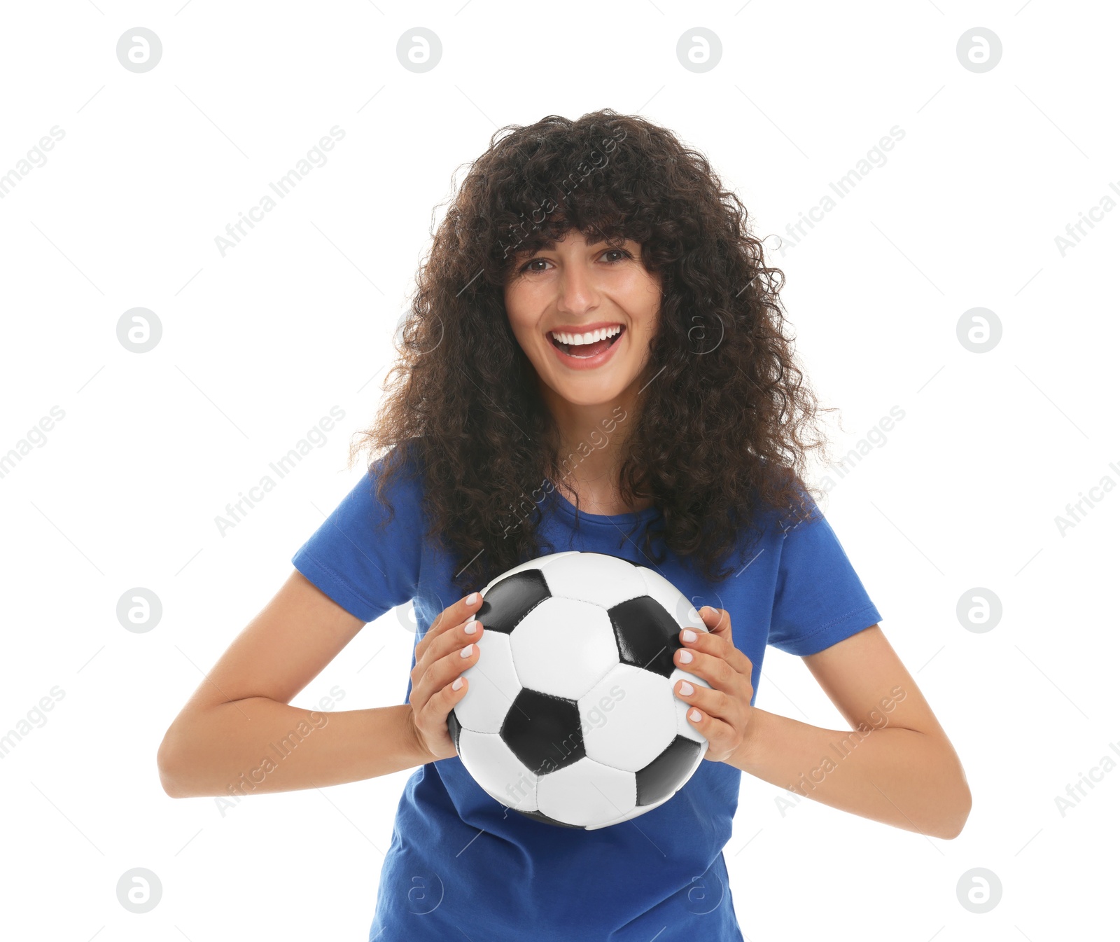 Photo of Happy fan holding soccer ball isolated on white