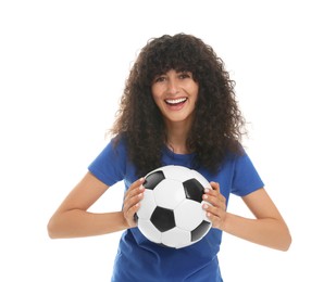 Happy fan holding soccer ball isolated on white