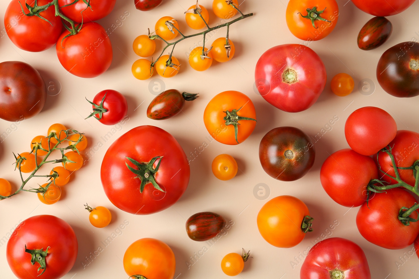 Photo of Flat lay composition with fresh ripe tomatoes on beige background