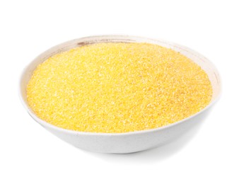 Raw cornmeal in bowl isolated on white