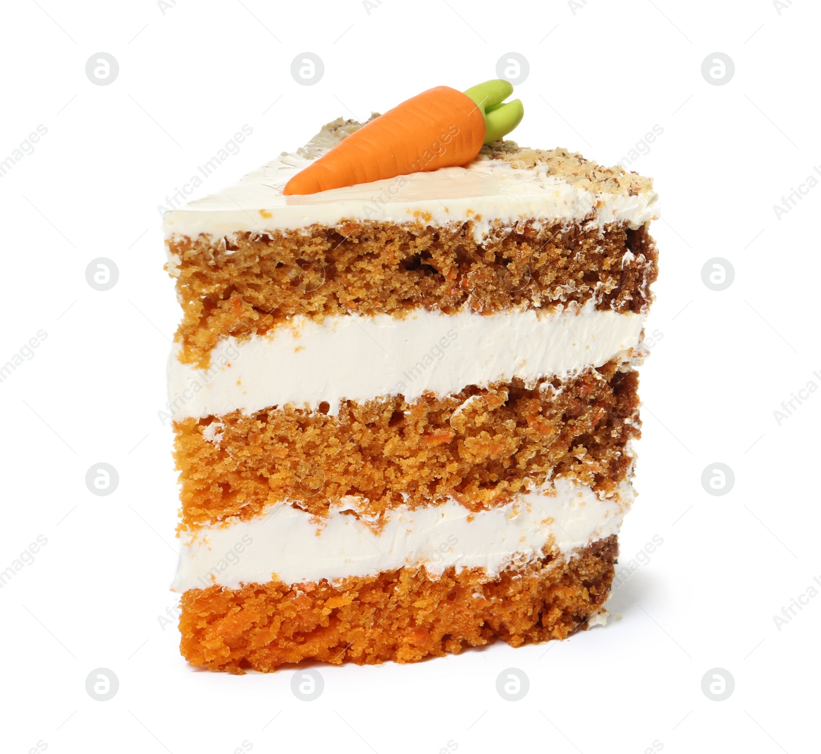 Photo of Piece of sweet carrot cake with delicious cream on white background