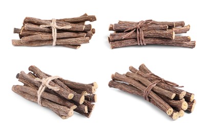 Image of Set with dried sticks of liquorice root on white background